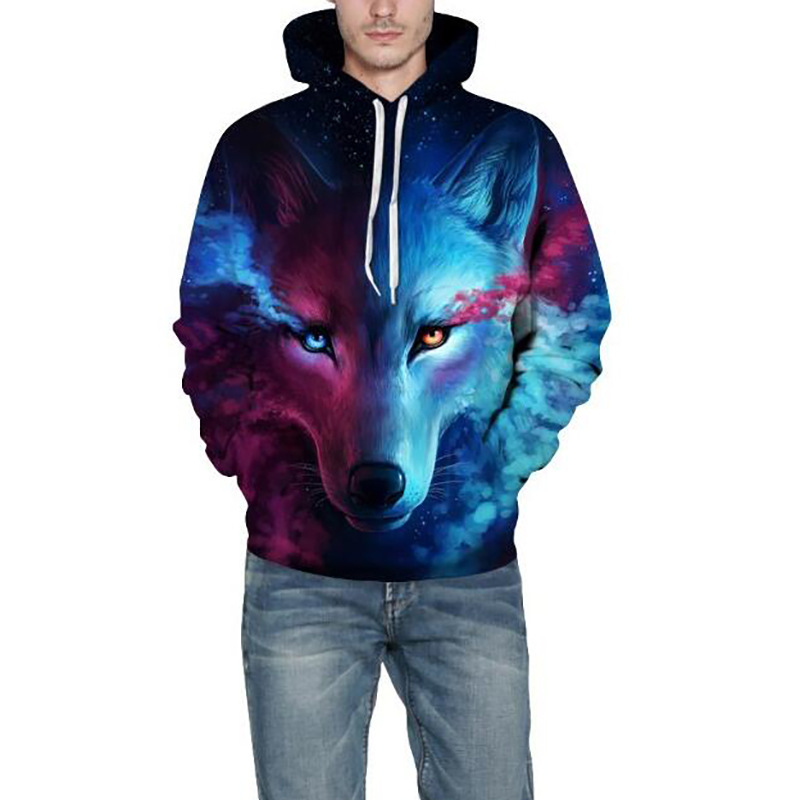 Men's wolf hoodiepurple and blue American hoodie blue wolf kangaroo pocket