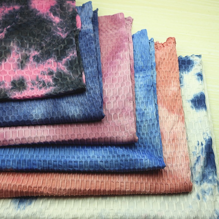 扎染针织涤氨纶泡泡提花布扎染方格提花单面泡泡布运动瑜伽服面料
