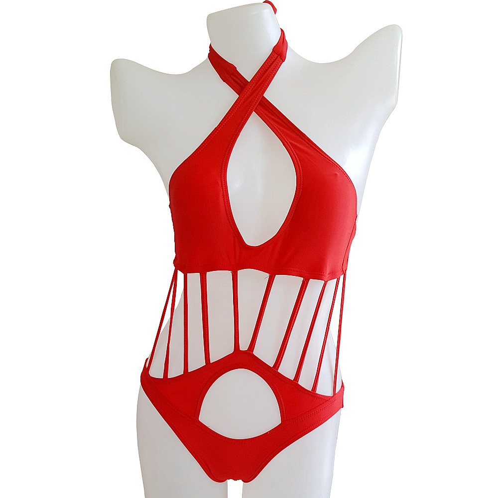 Solid Halter Tie Up Hollow One Piece Swimwear