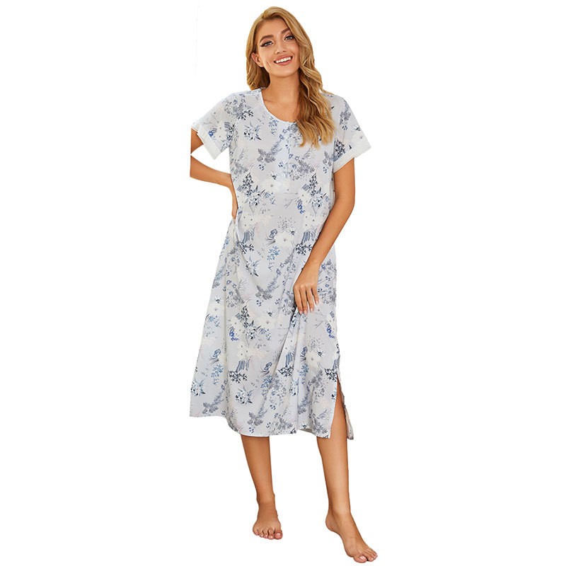 定制款跨境亚马逊女士短袖印花长款睡裙欧美家居服热卖睡裙