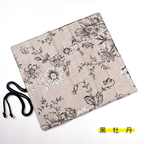 Black Peony Cotton Linen Double-Layer Large Capacity Watercolor Brush Bag with Hair Brushes Oil Paint Brushes, Watercolor Brush Storage Bag