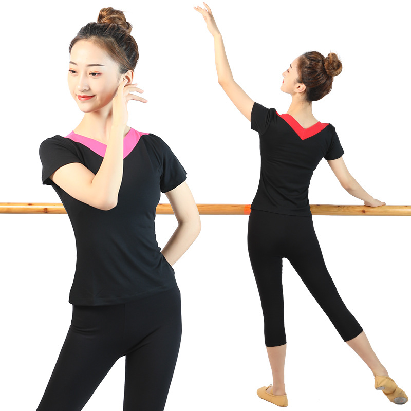 Ropa de baile cuadrada de mediana edad y ancianos con cuello en V para mujer nueva camiseta modal ropa de baile ropa de práctica de manga corta