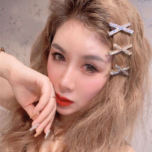 2pcs Silver gold Rhinestone bling hair clip shiny cross side clip bangs clip simple temperament hair accessories clip duckbill clip headdress