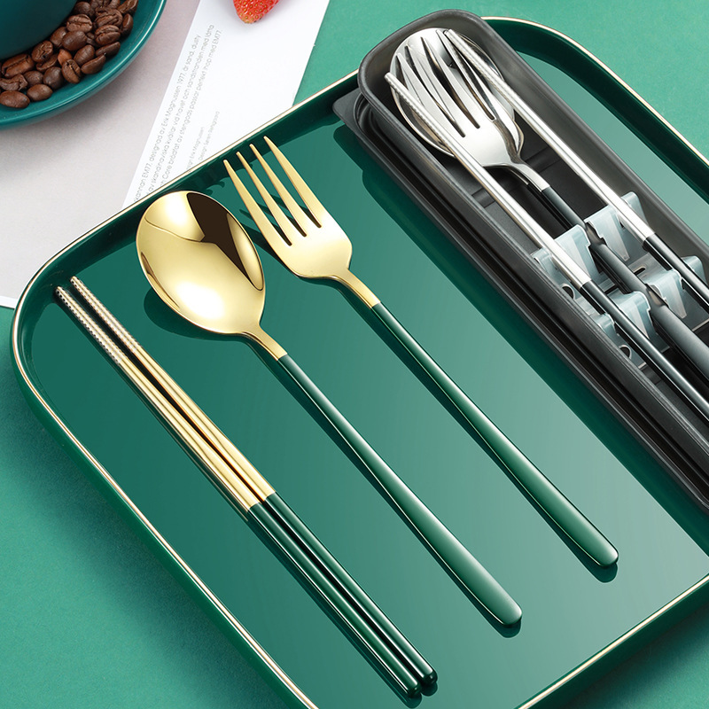 Outdoor picnic portable tableware three-piece set 304 stainless steel fork spoon chopsticks student portable spoon Fork suit