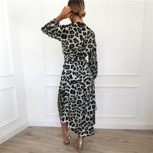 Women  stage performance leopard fashion dress V-neck Chiffon High Waist shirt dress Lace Irregular skirts for lady