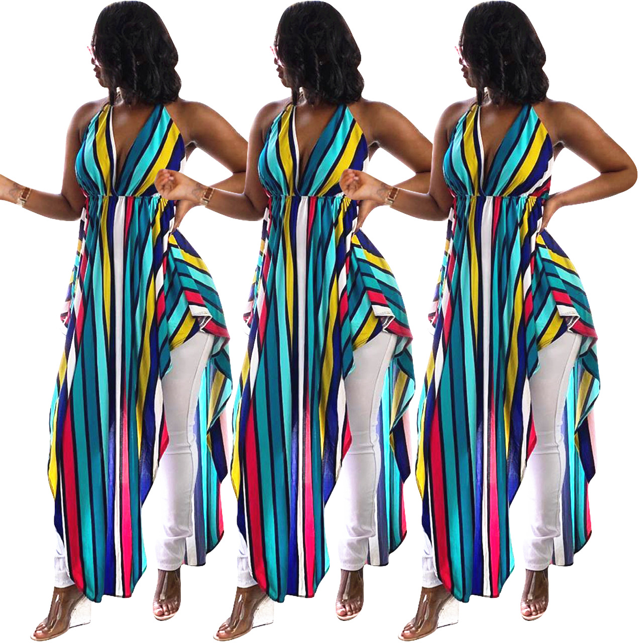 halter stripe printed dress Nihaostyles wholesale clothing vendor NSYDF73637