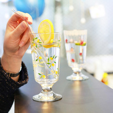 新款韩式水果橘子高脚杯花卉郁金香玻璃杯网红矮脚红酒果汁杯子