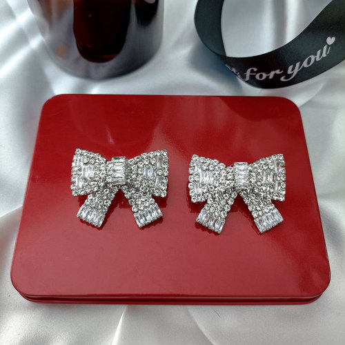 Tridimensional bowknot crystal diamond Women ballroom latin dance performance silver needle retro earrings and Earrings