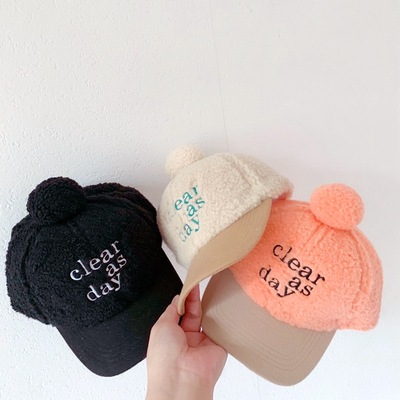 韩版秋季儿童帽子秋冬羊羔绒保暖帽拼色子字母男女童棒球帽宝宝帽