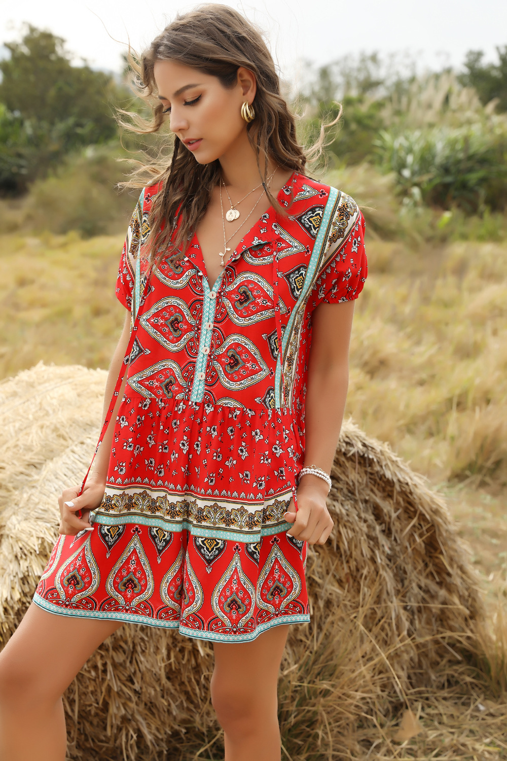 casual student one-piece fashion loose printed jumpsuit NSDF1597