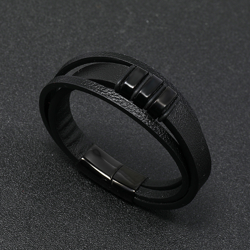 retro black PU stainless steel menu0027s leather bracelet