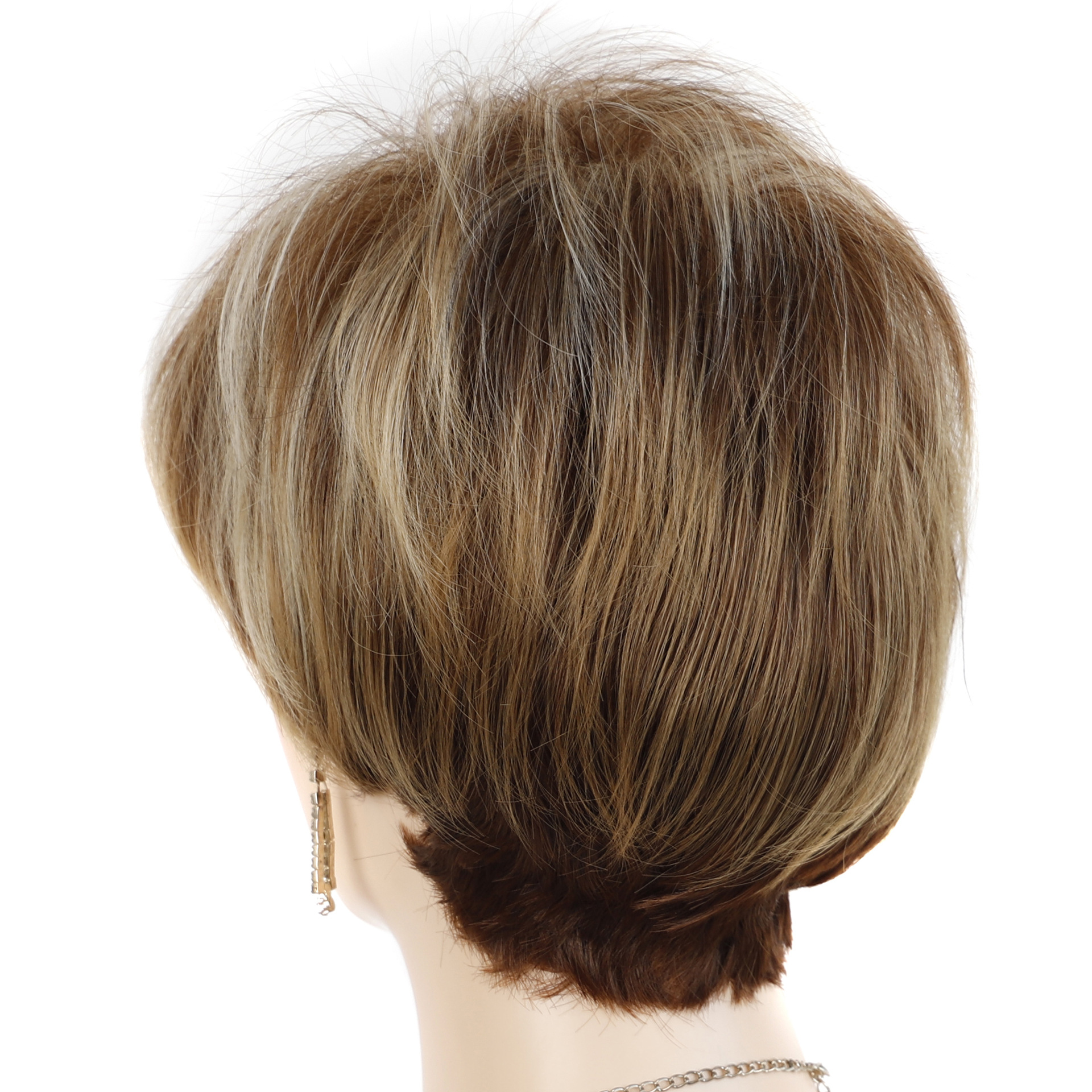 Ameerika paruka peakatted, väliskaubandus, lühikesed juuksed, kaldus tukk, naiste peakatted, lühikesed lokkis juuksed, pruunid ja valged pleegitatud keemilised kiud_voghion.com