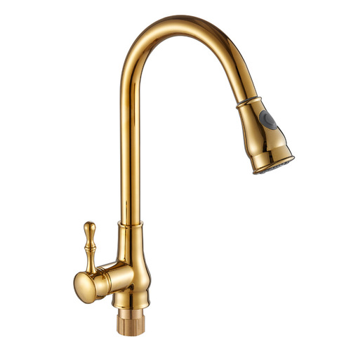 All-copper gold kitchen faucet pull-out sink faucet hot and cold household telescopic rotating sink faucet