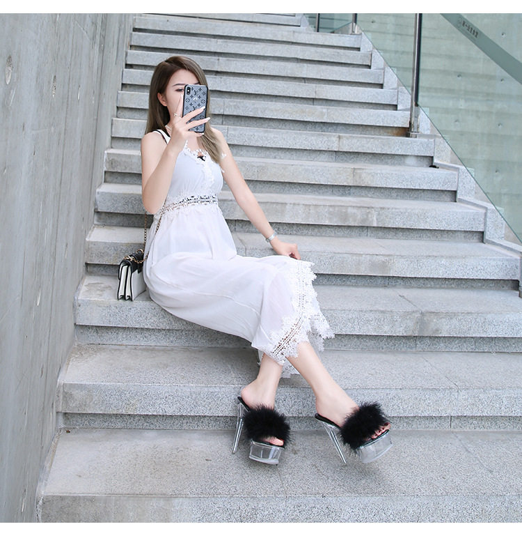 Dép sandal nữ gót nhọn siêu cao phối lông, quai trong suốt pha lê, mũi hở — Màu hồng, Màu trắng, Màu đen, Màu đỏ chi tiết 25