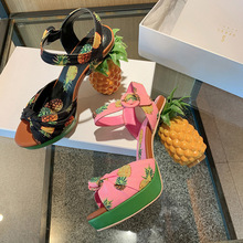 夏季新款印花大碼魚嘴鞋水台超高跟腳腕扣帶菠蘿跟女式羅馬涼鞋潮