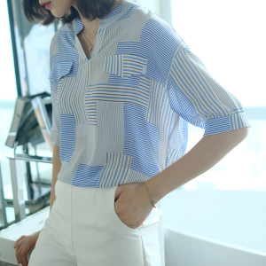 Silk shirt women’s summer blue striped blouse with short front and long back V-neck silk short sleeve top