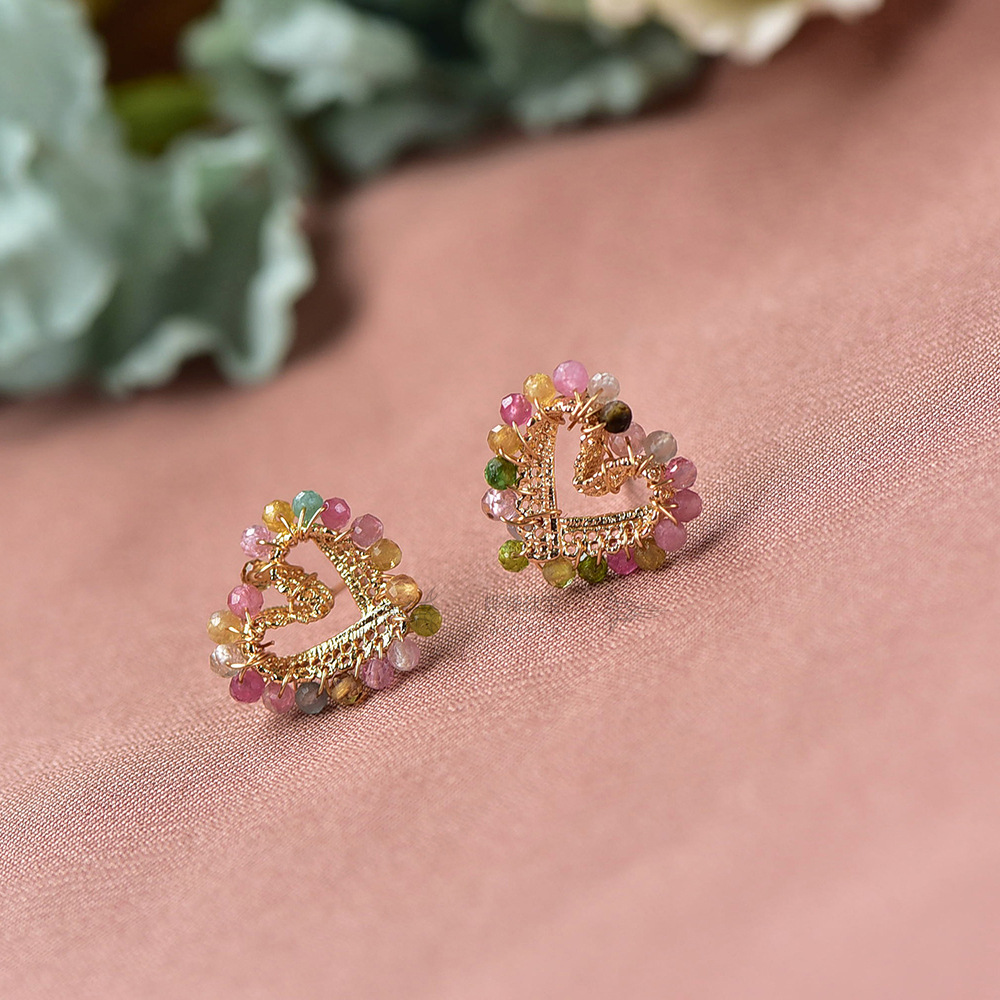 All Seasons Season 1 Pair Retro Classic Style Heart Shape Tourmaline Copper 14K Gold Plated Ear Studs