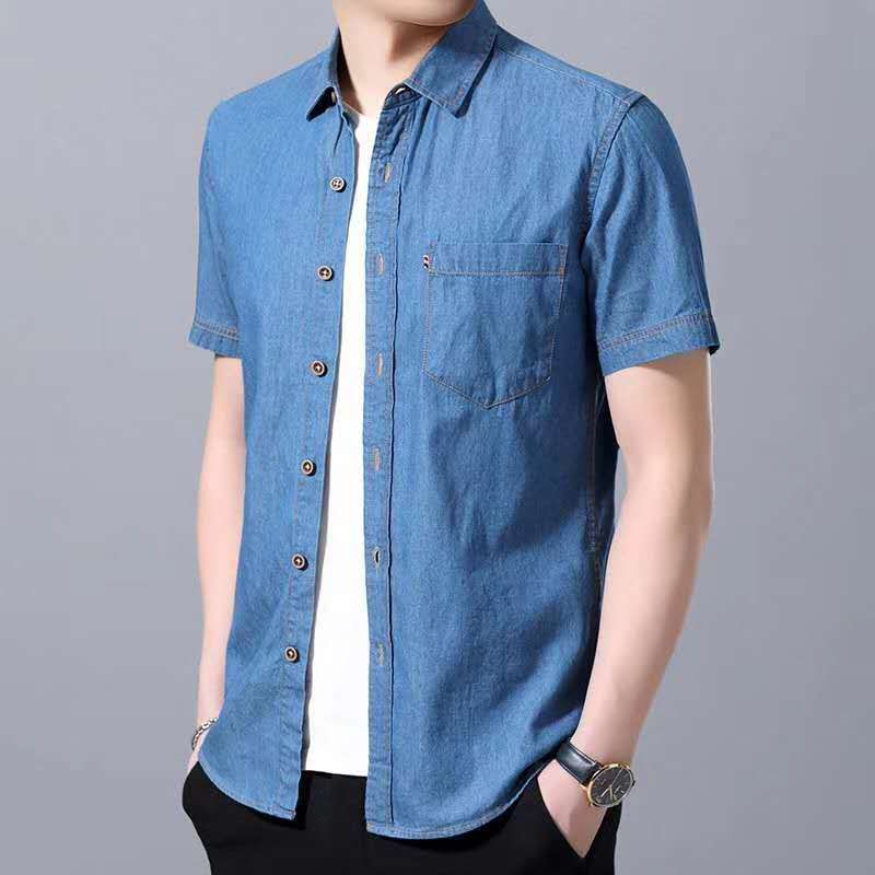 Denim Short-Sleeved Shirt Men's Pure Cotton Thin Summer Youth Slim Shirt Washed Factory Direct Sales Trendy Casual