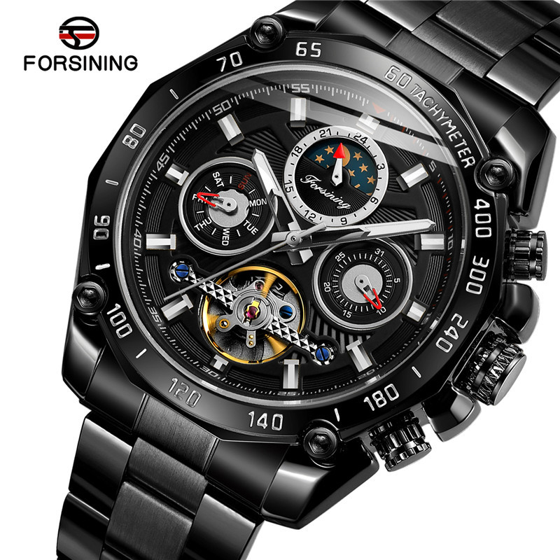 FORSINING hombres de negocios correa de acero reloj mecánico automático multifunción reloj de seis pines Placa de reloj mecánico 6913