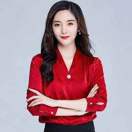 红色缎面衬衫女士气质韩版长袖时尚洋气雪纺打底衬衣休闲高端上衣