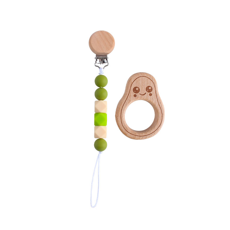 Nuevo aguacate de dibujos animados juguete de haya teether palo pezón cadena anti-gota cadena