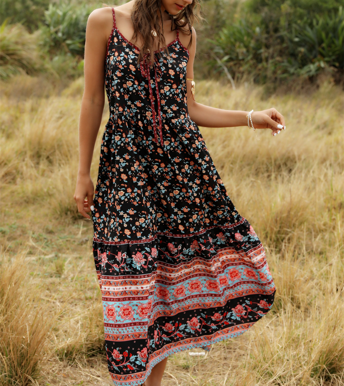 print loose V-neck stitching large swing suspender dress women's clothing NSDF1593