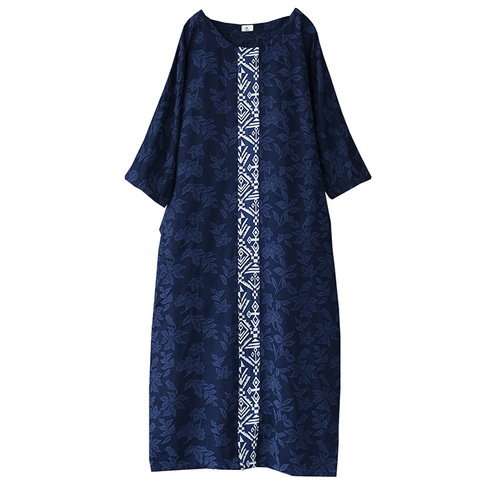 Navy loose style cotton qipao hanfu tang suit for women girls restoring ancient ways round collar dress splicing loose leisure  dress 