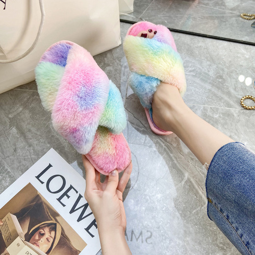 Women's autumn and winter fashionable furry slippers colorful cross open toe cotton slippers Amazon wish specializes in large size home furry slippers