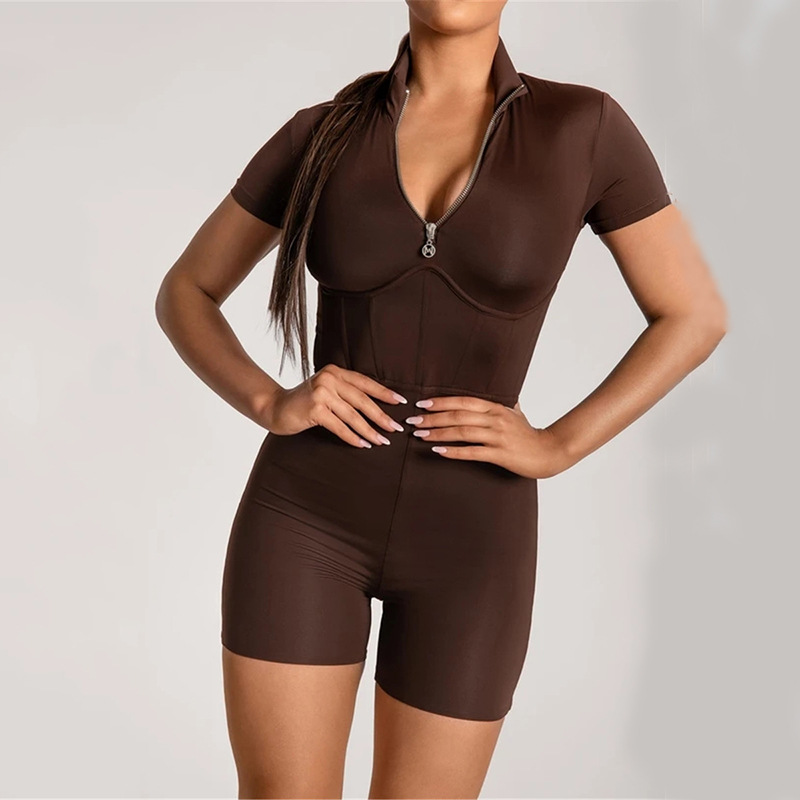 round neck zipper tight short-sleeved jumpsuit  NSFD30647