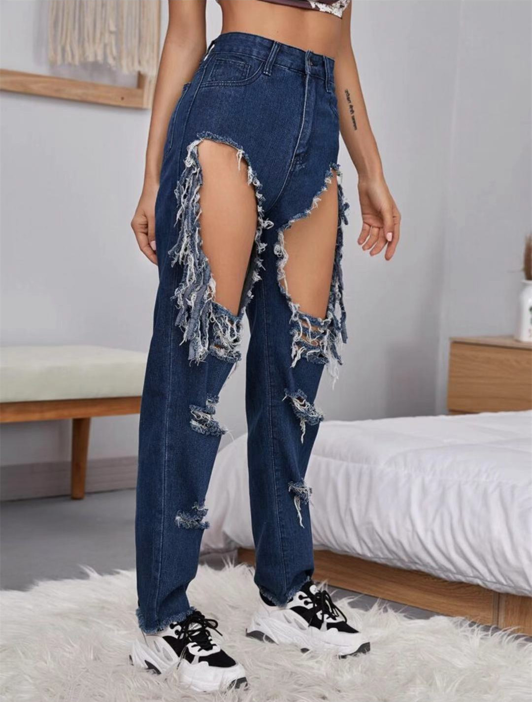 casual big hole tassel denim pants  NSYF18185