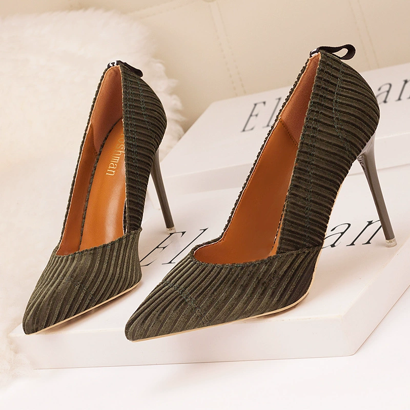 9219-16 Европейские и американские простые однотонные полосатые туфли на высоком каблуке из вельвета с мелким носком и острым носком для ночного клуба