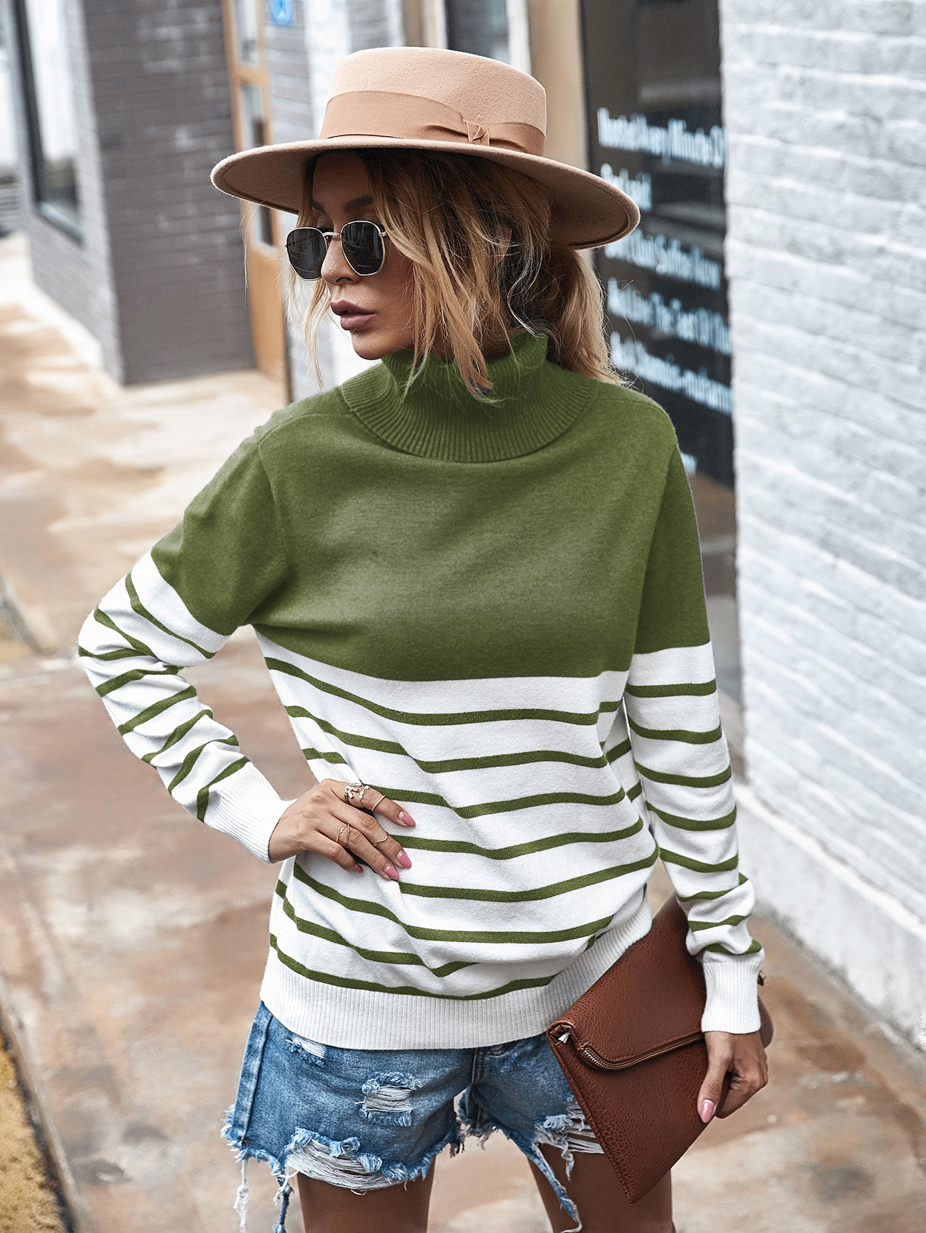 autumn and winter high-neck striped sweater blouse NSDY7671