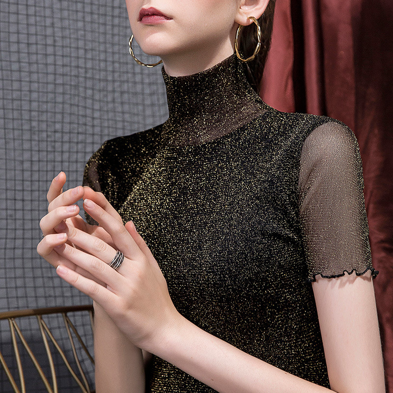 Spring New High Neck Base Shirt Women's Half Sleeve Gold and Silver Silk Slim-fit Flash Short Sleeve Bright Silk Stylike T-shirt Spring New High Neck Base Shirt Women's Half Sleeve Gold and Silver Silk Slim-fit Flash Short Sleeve Bright Silk Stylike T-shirt