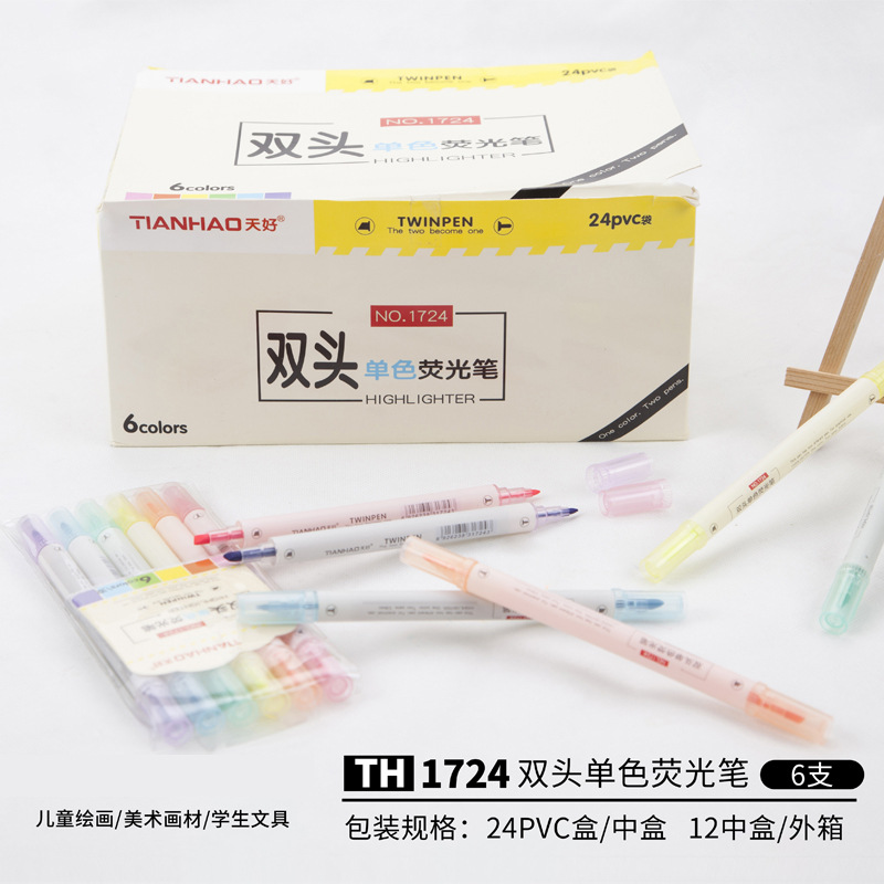 1724 de doble cabeza color resaltador estudiante DIY diario pluma 1PVC Bolsa 6 colores 6 piezas oblicuo cabeza redonda marcador pluma