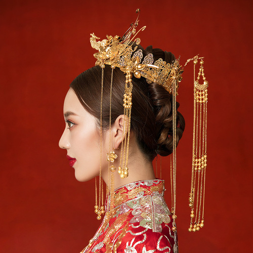 Bride's Xiuhe dress headdress, wedding Chinese-style Hewei hair accessory, ancient style hair crown, golden crown-style full round headdress, ancient costume