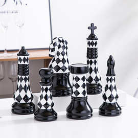 简约欧式陶瓷黑白格国际象棋摆件创意软装家居饰品样板房白色黑色