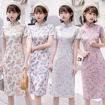 Factory wholesale 2020 Spring and summer new pattern stripe Mid length version fresh girl daily student cheongsam Dress