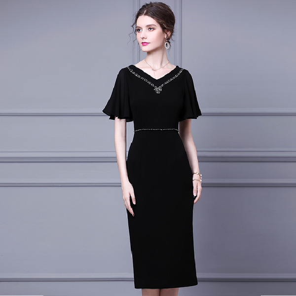 Light mature style dress women Hepburn temperament with slim V-neck mid length skirt