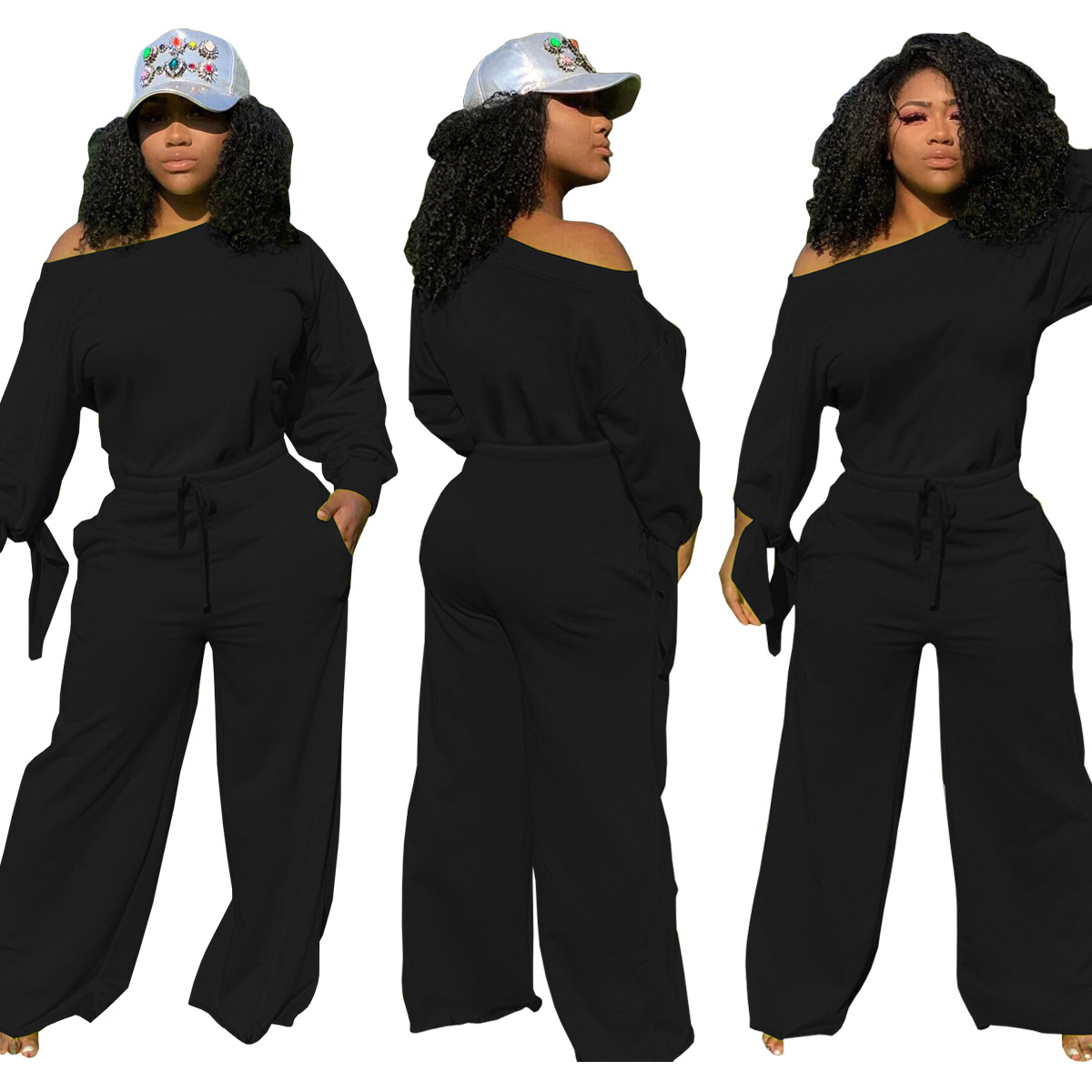 solid color round neck long-sleeved knotted wide-leg with waist rope jumpsuit Nihaostyles wholesale clothing vendor NSSJW74296