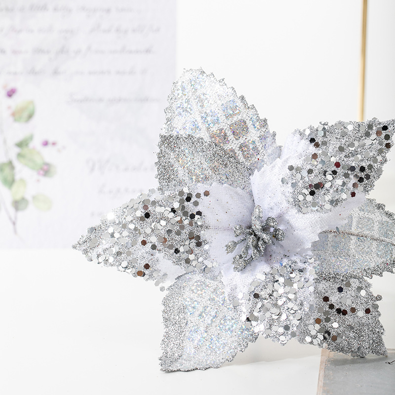 17cm pequeña flor de Navidad oro plata roja decoración de ingeniería de hotel de flores falsas flores de decoración de Navidad