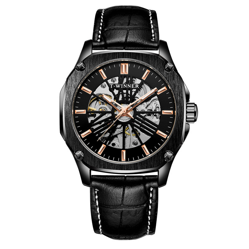 Ganador reloj mecánico automático para hombres moda hueco transparente volante correa de cuero reloj mecánico 8182