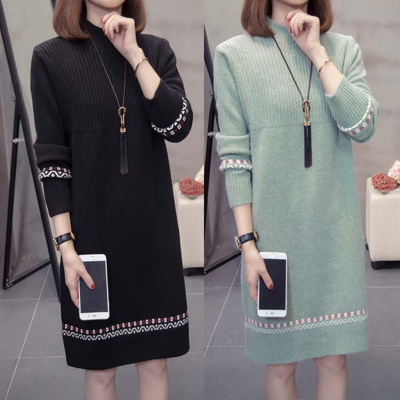 Vestido suéter de longitud media para otoño e invierno, camisa básica para mujer, nuevo estilo coreano, holgado, con cuello medio alto, a rayas, de punto, con mangas largas.