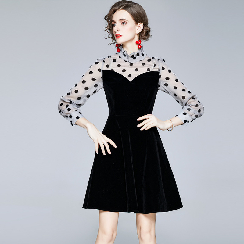 赫本法式复古波点丝绒拼接假两件气质收腰修身显瘦连衣裙秋