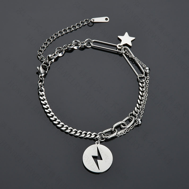 Hip-hop Five-pointed Star Niche Retro Stainless Steel Round  Pendant Bracelet display picture 2