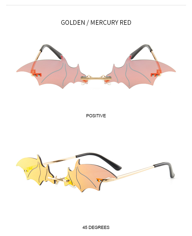 70g Weight Frameless Glasses Structure Sunglasses Classification PC, UV400 Protection Lens Material Special-Shaped Mirror Glasses Style Outdoor, Stage Occasion Halloween Festival Bat Pattern Unisex Gender Streetwear Style Gold Color Streetwear Bat PC UV400 Protection Special-Shaped Mirror Frameless Women's Sunglasses 13