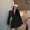 Suit V-neck low chest waist cardigan A-line skirt with bottom skirt and long sleeve dress