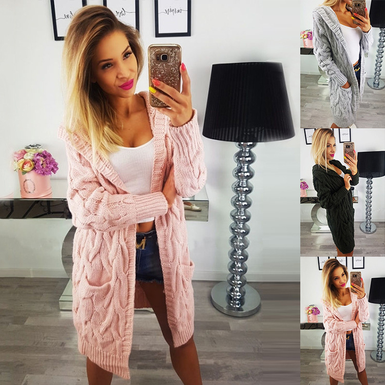 Dames gebreide twist capuchon trui jas_voghion.com