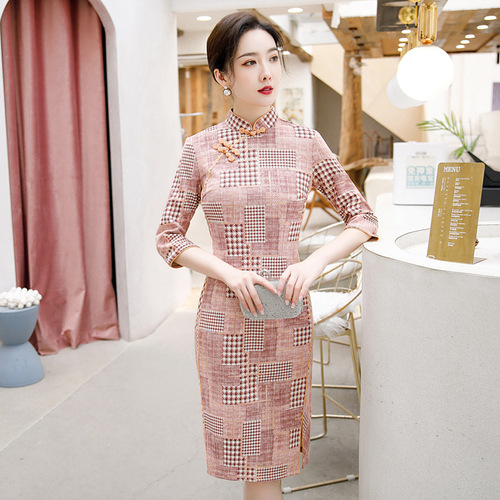 Chinese Dress Qipao for women cheongsam Suede cheongsam with sleeves