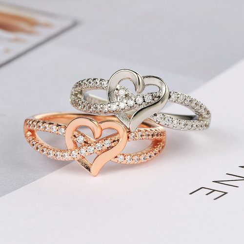 Hazy Moon European and American Fashion Heart Shape Women's Engagement Ring Zircon Micropaved Real Gold Plated Cross-Border Accessories Wholesale
