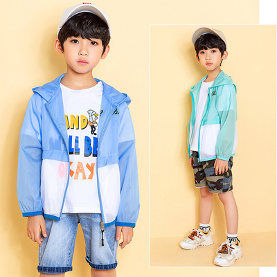 Children's clothing Large Boy summer new pattern Up and down Color matching Mosaic Sunscreen Versatile skin suit Fashion out clothes